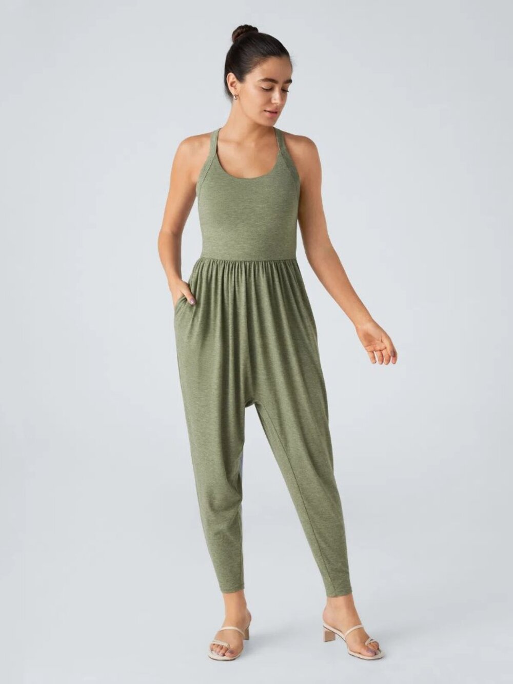 HALARA Olive Green Sleeveless Jumpsuit with Racerback LARGE